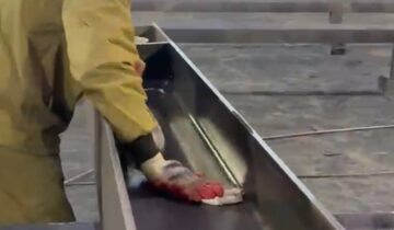 Маляр очищает поверхность стальной балки в цехе перед нанесением покрытия